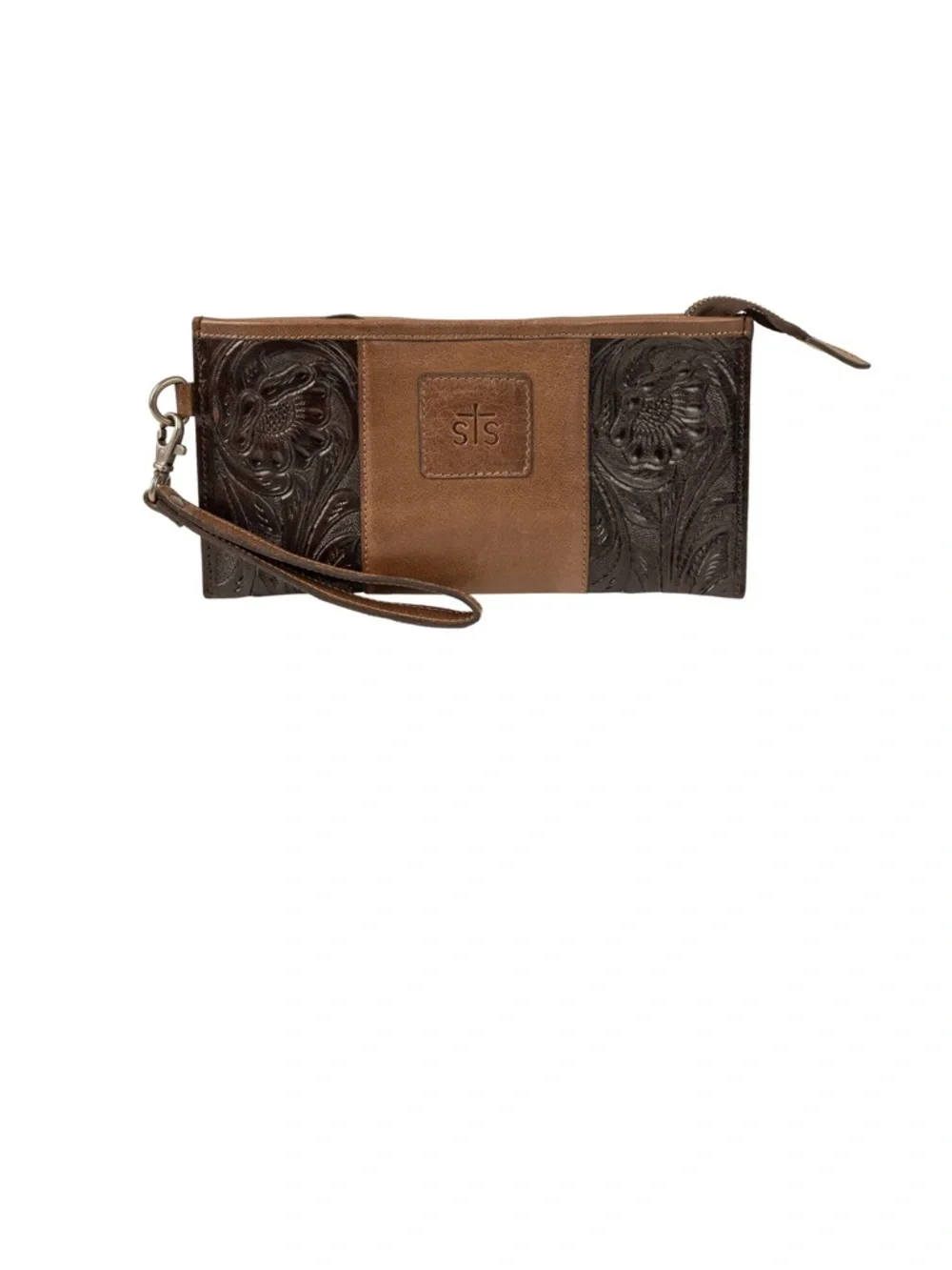 STS Ranchwear Brown and Black Tooled Leather Wristlet Clutch